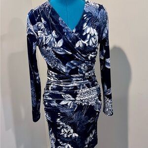 Guess Velvet Dark Floral Long Sleeve Bodycon Dress